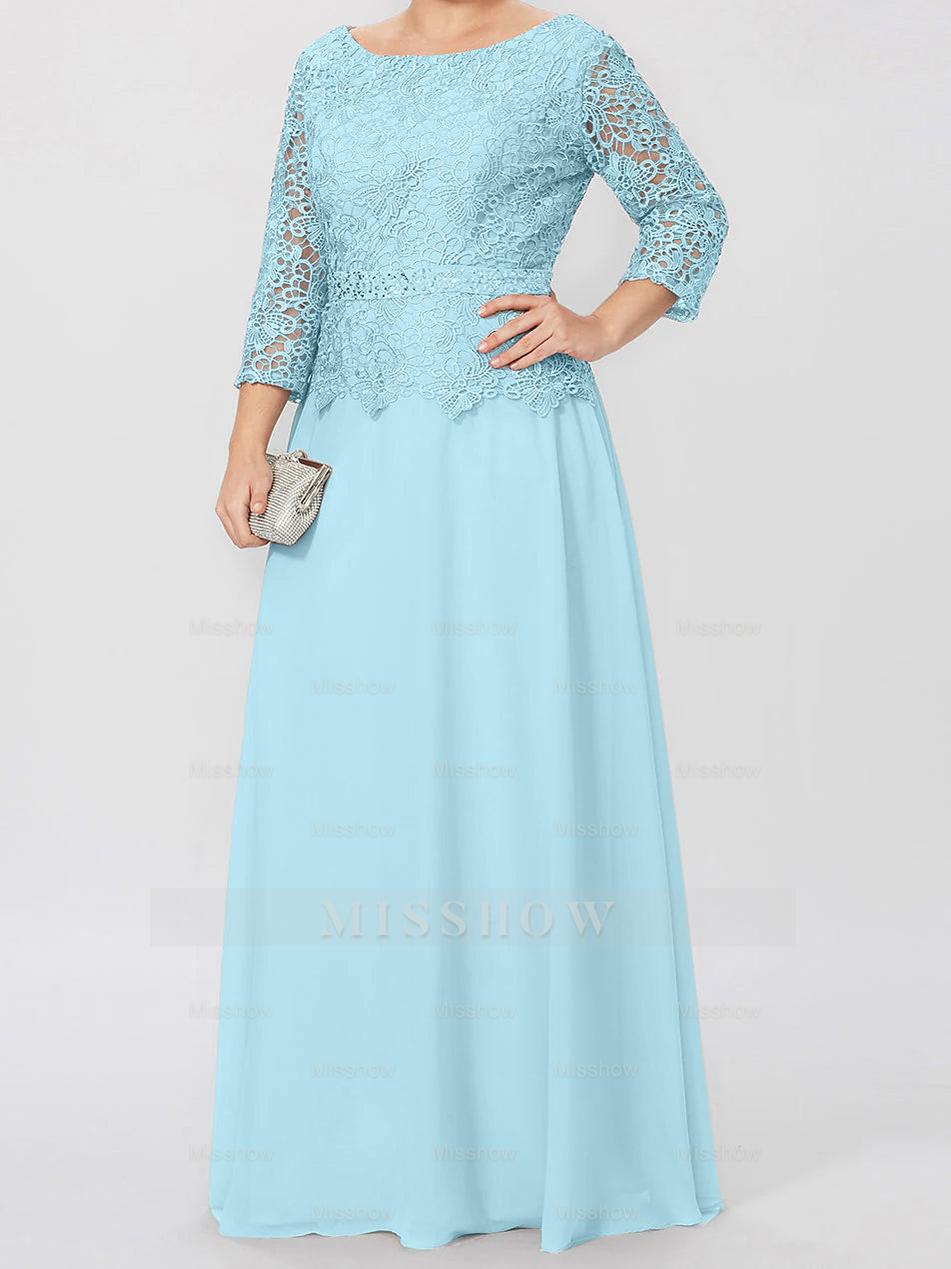 Floor-Length A-Line Princess Gown with Round Neck and 3/4 Sleeves Embellished with Applique & Sequins