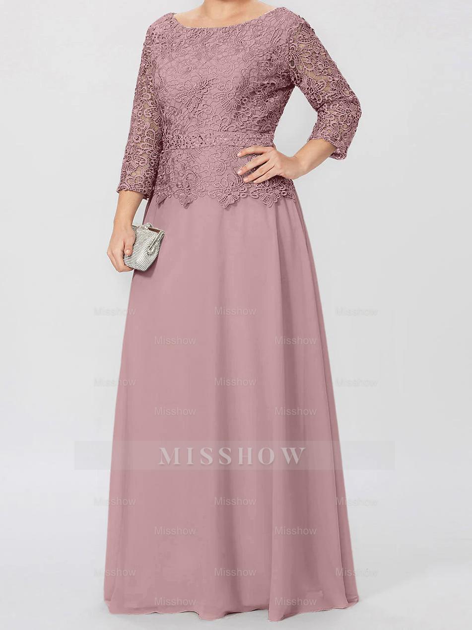 Floor-Length A-Line Princess Gown with Round Neck and 3/4 Sleeves Embellished with Applique & Sequins