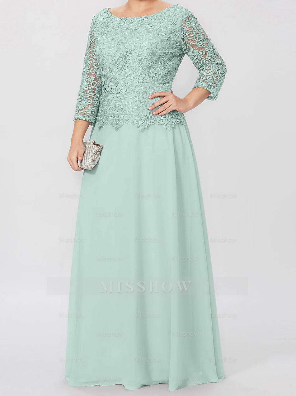 Floor-Length A-Line Princess Gown with Round Neck and 3/4 Sleeves Embellished with Applique & Sequins
