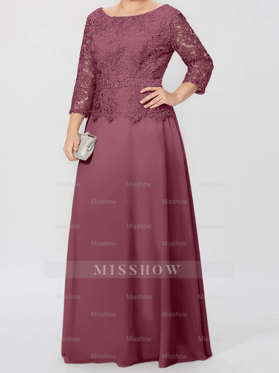 Floor-Length A-Line Princess Gown with Round Neck and 3/4 Sleeves Embellished with Applique & Sequins