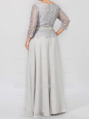 Floor-Length A-Line Princess Gown with Round Neck and 3/4 Sleeves Embellished with Applique & Sequins