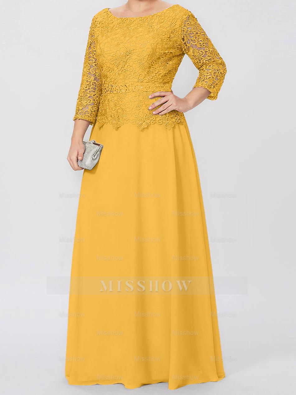 Floor-Length A-Line Princess Gown with Round Neck and 3/4 Sleeves Embellished with Applique & Sequins
