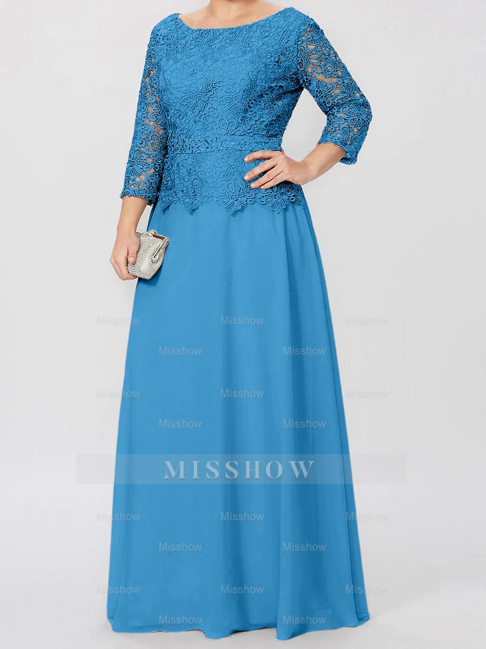 Floor-Length A-Line Princess Gown with Round Neck and 3/4 Sleeves Embellished with Applique & Sequins