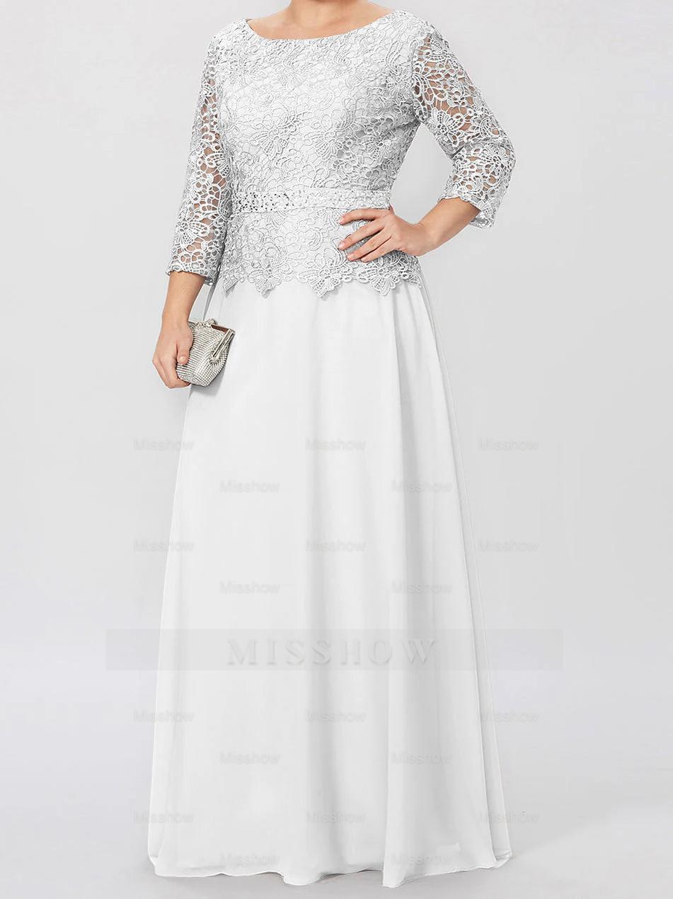 Floor-Length A-Line Princess Gown with Round Neck and 3/4 Sleeves Embellished with Applique & Sequins