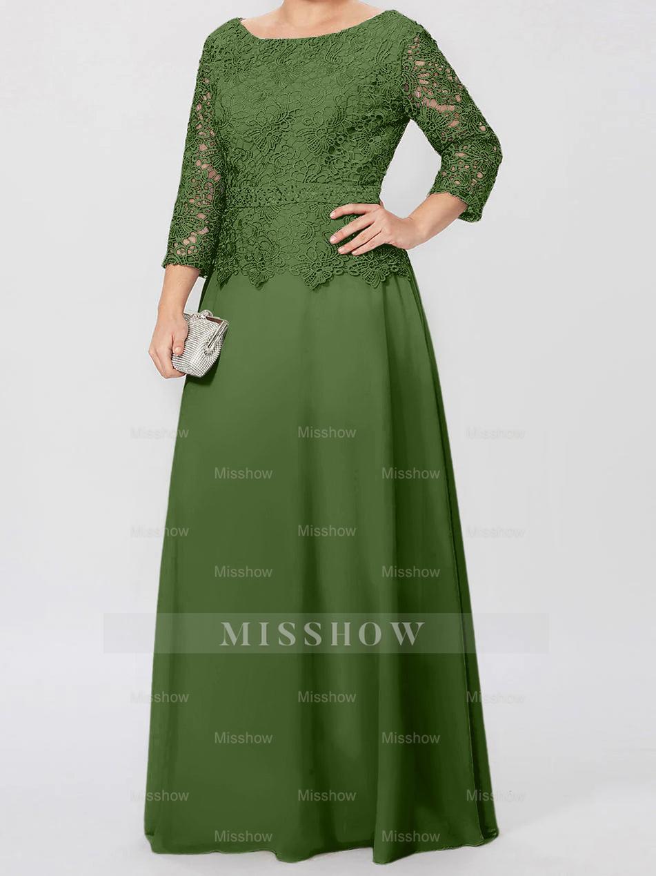 Floor-Length A-Line Princess Gown with Round Neck and 3/4 Sleeves Embellished with Applique & Sequins