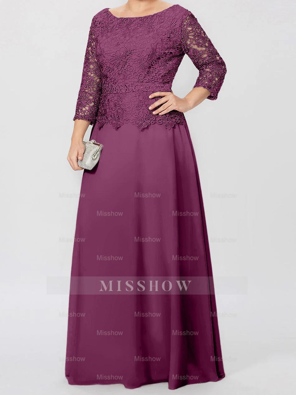 Floor-Length A-Line Princess Gown with Round Neck and 3/4 Sleeves Embellished with Applique & Sequins