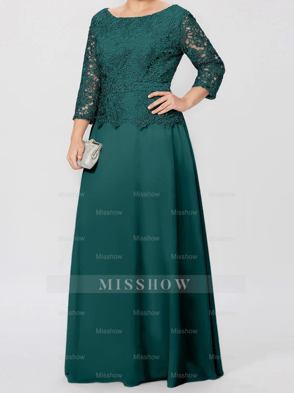 Floor-Length A-Line Princess Gown with Round Neck and 3/4 Sleeves Embellished with Applique & Sequins
