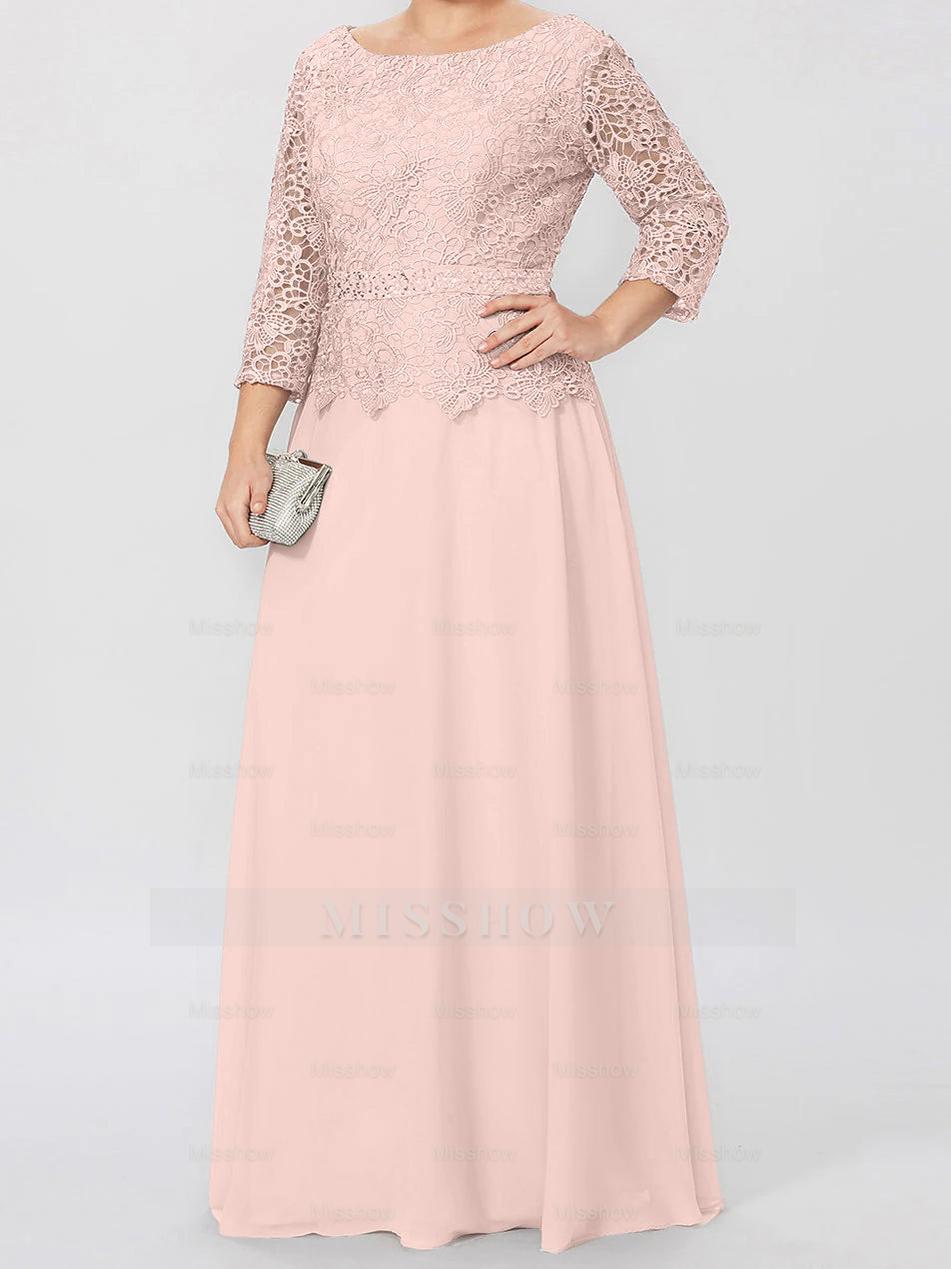 Floor-Length A-Line Princess Gown with Round Neck and 3/4 Sleeves Embellished with Applique & Sequins
