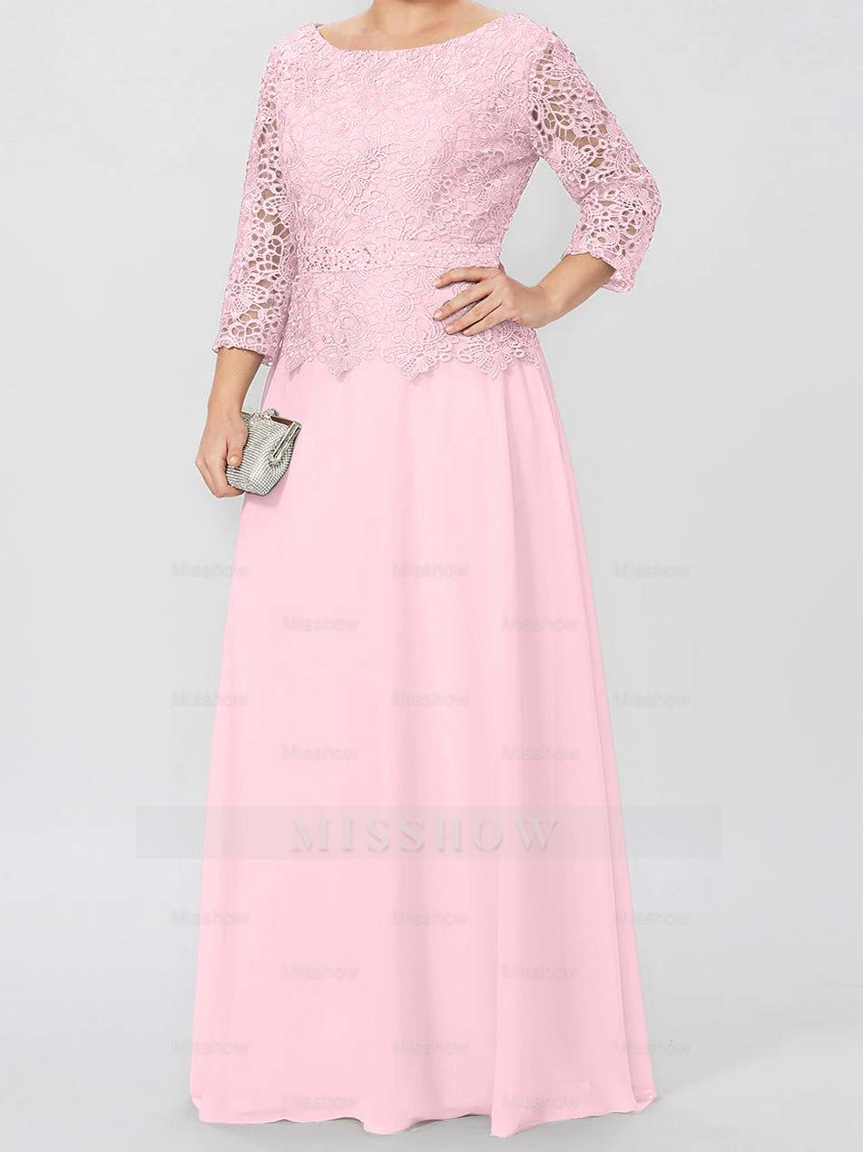 Floor-Length A-Line Princess Gown with Round Neck and 3/4 Sleeves Embellished with Applique & Sequins