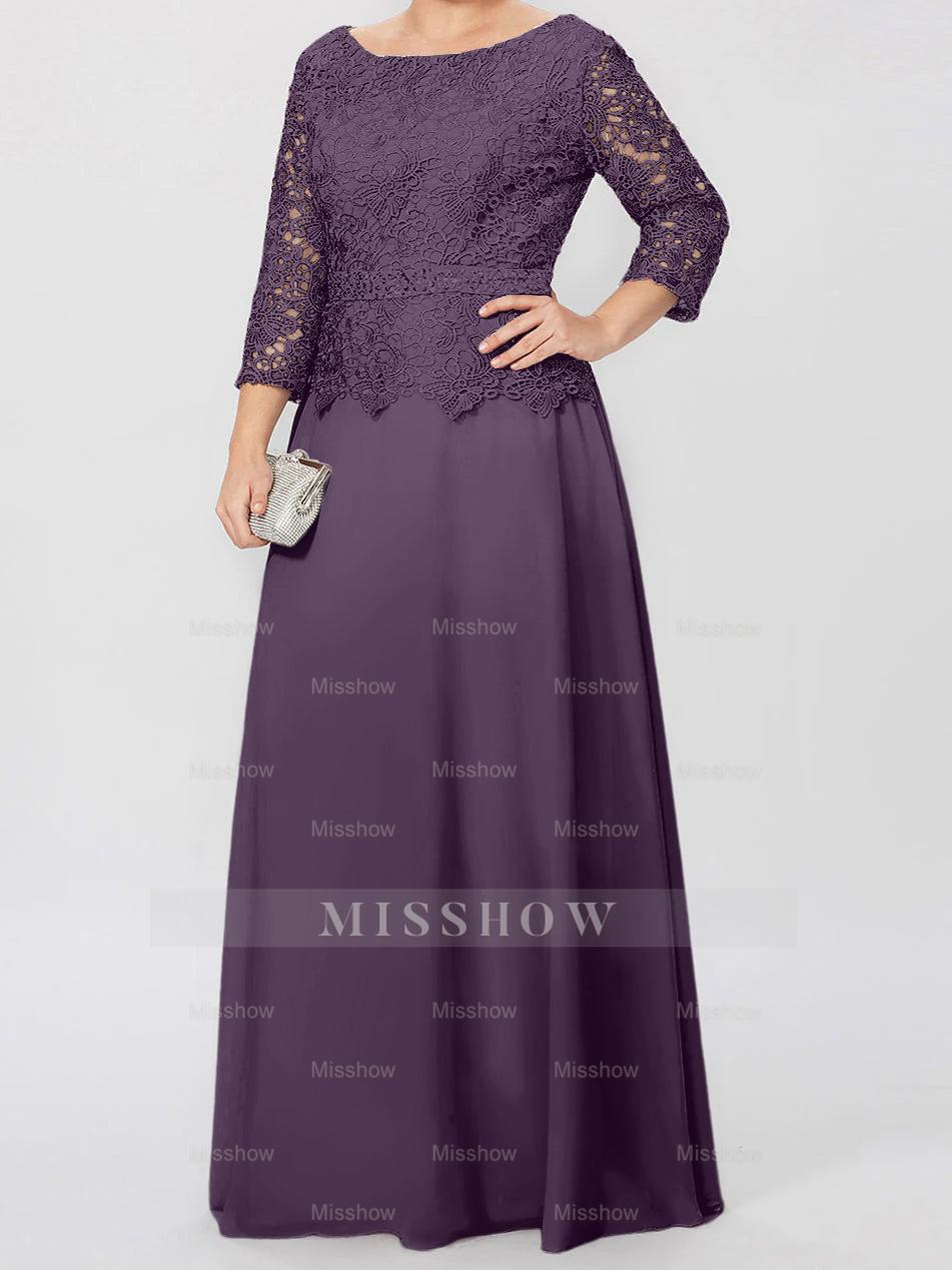Floor-Length A-Line Princess Gown with Round Neck and 3/4 Sleeves Embellished with Applique & Sequins