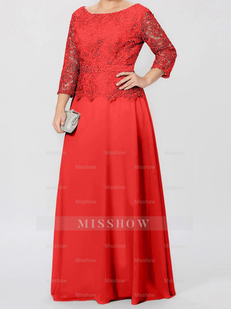 Floor-Length A-Line Princess Gown with Round Neck and 3/4 Sleeves Embellished with Applique & Sequins