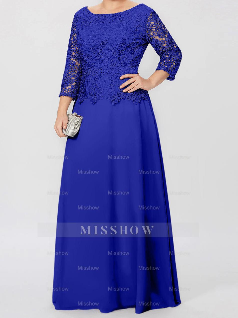 Floor-Length A-Line Princess Gown with Round Neck and 3/4 Sleeves Embellished with Applique & Sequins