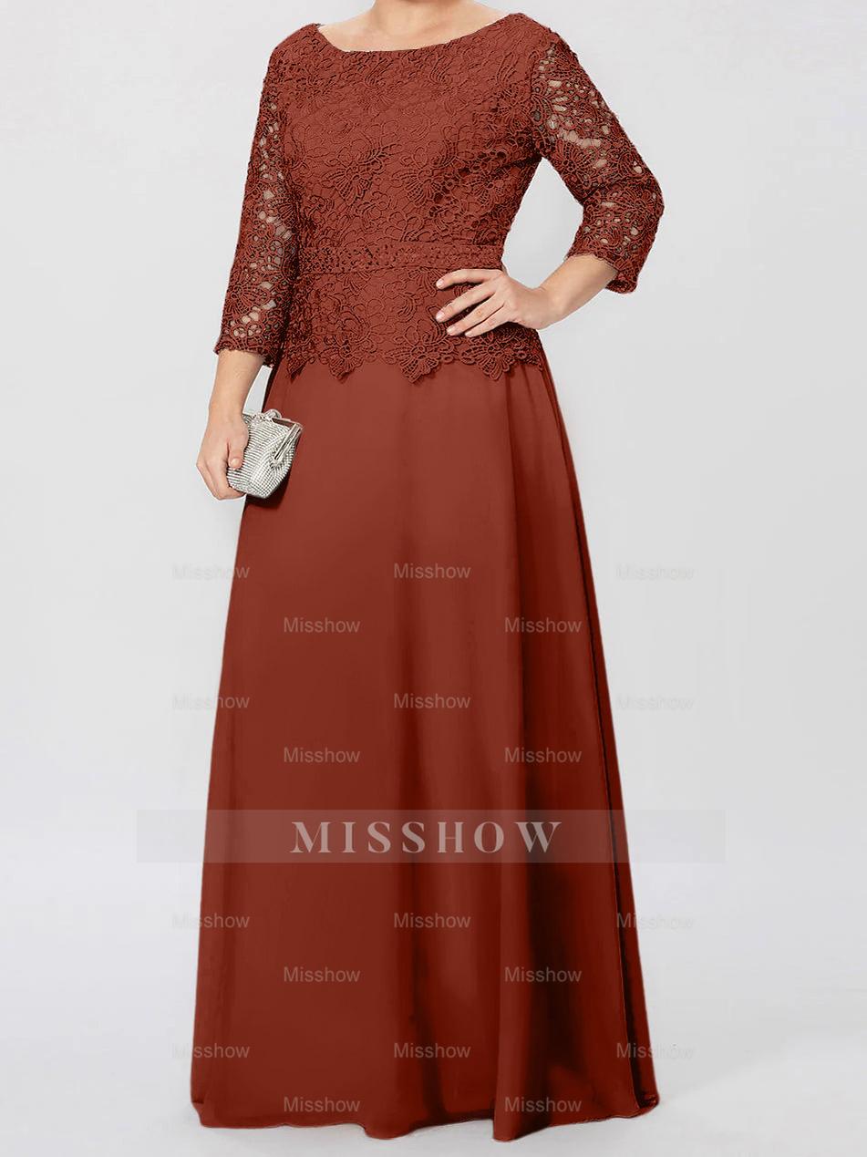 Floor-Length A-Line Princess Gown with Round Neck and 3/4 Sleeves Embellished with Applique & Sequins