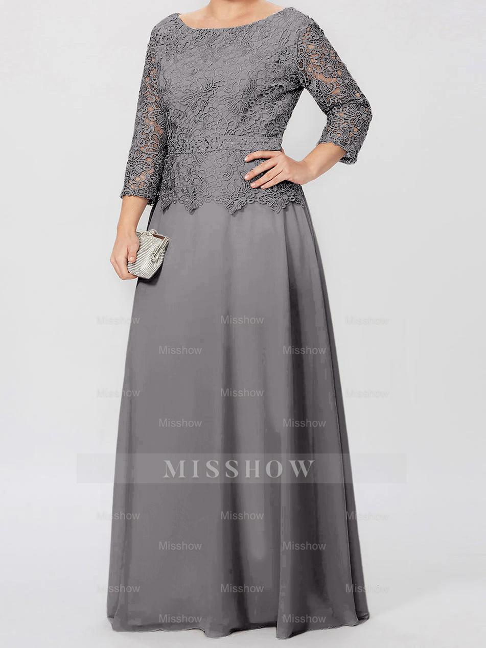 Floor-Length A-Line Princess Gown with Round Neck and 3/4 Sleeves Embellished with Applique & Sequins