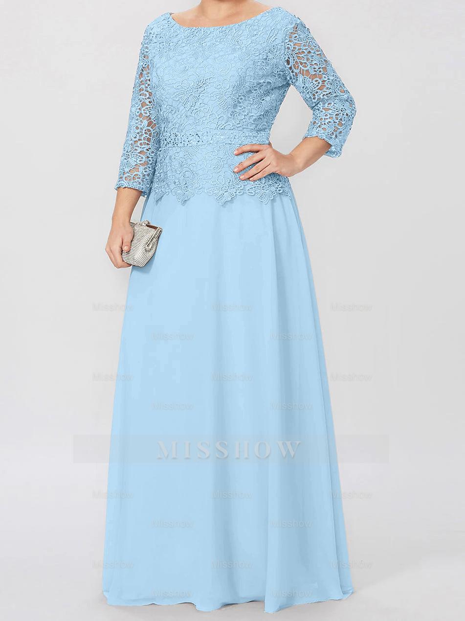 Floor-Length A-Line Princess Gown with Round Neck and 3/4 Sleeves Embellished with Applique & Sequins