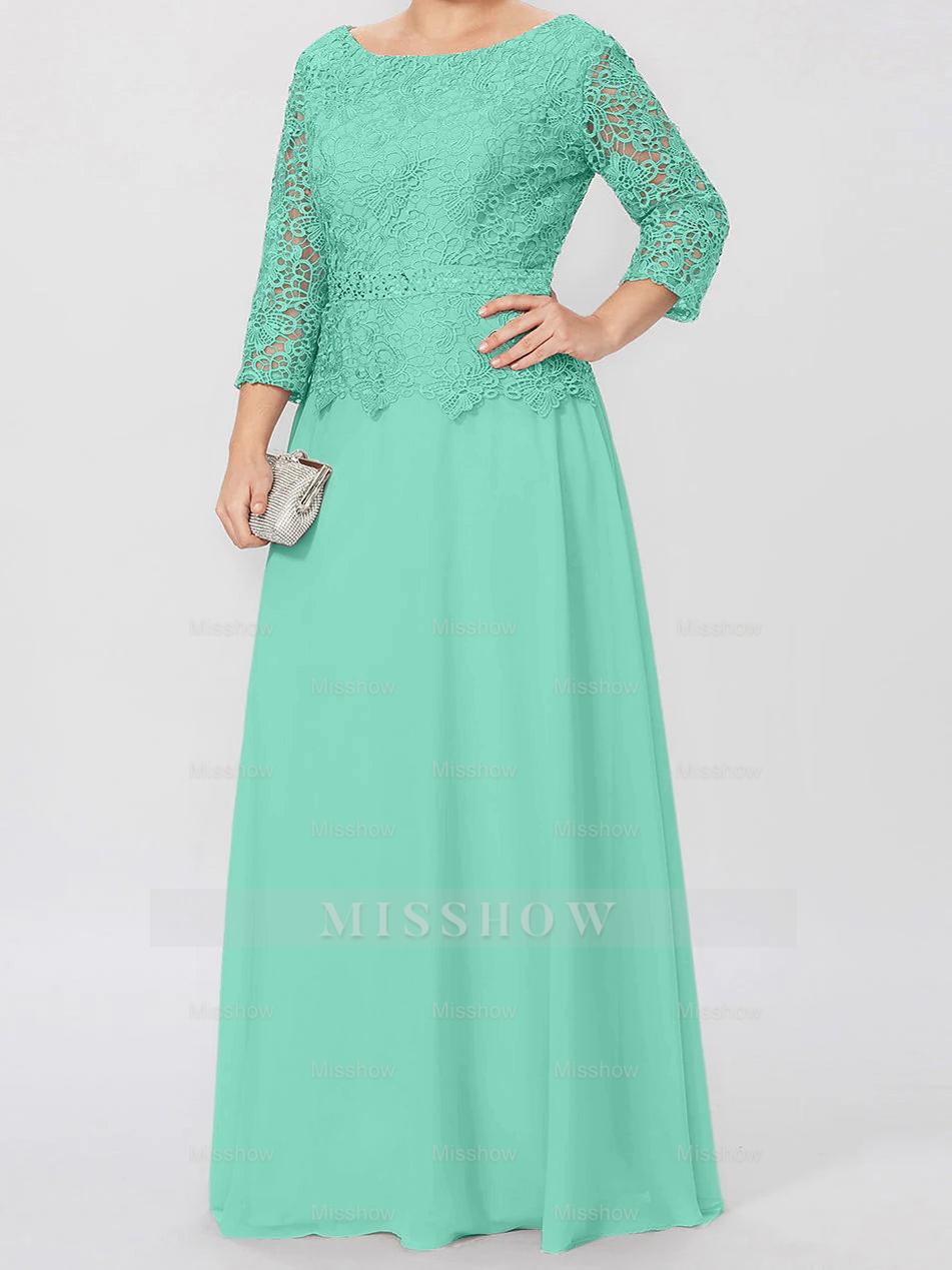 Floor-Length A-Line Princess Gown with Round Neck and 3/4 Sleeves Embellished with Applique & Sequins