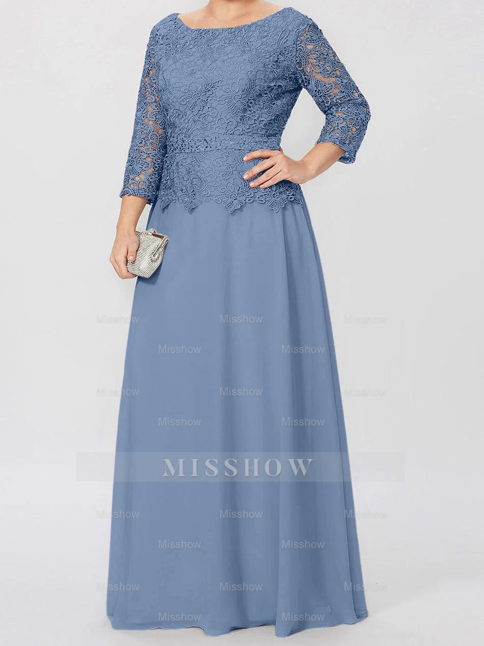 Floor-Length A-Line Princess Gown with Round Neck and 3/4 Sleeves Embellished with Applique & Sequins