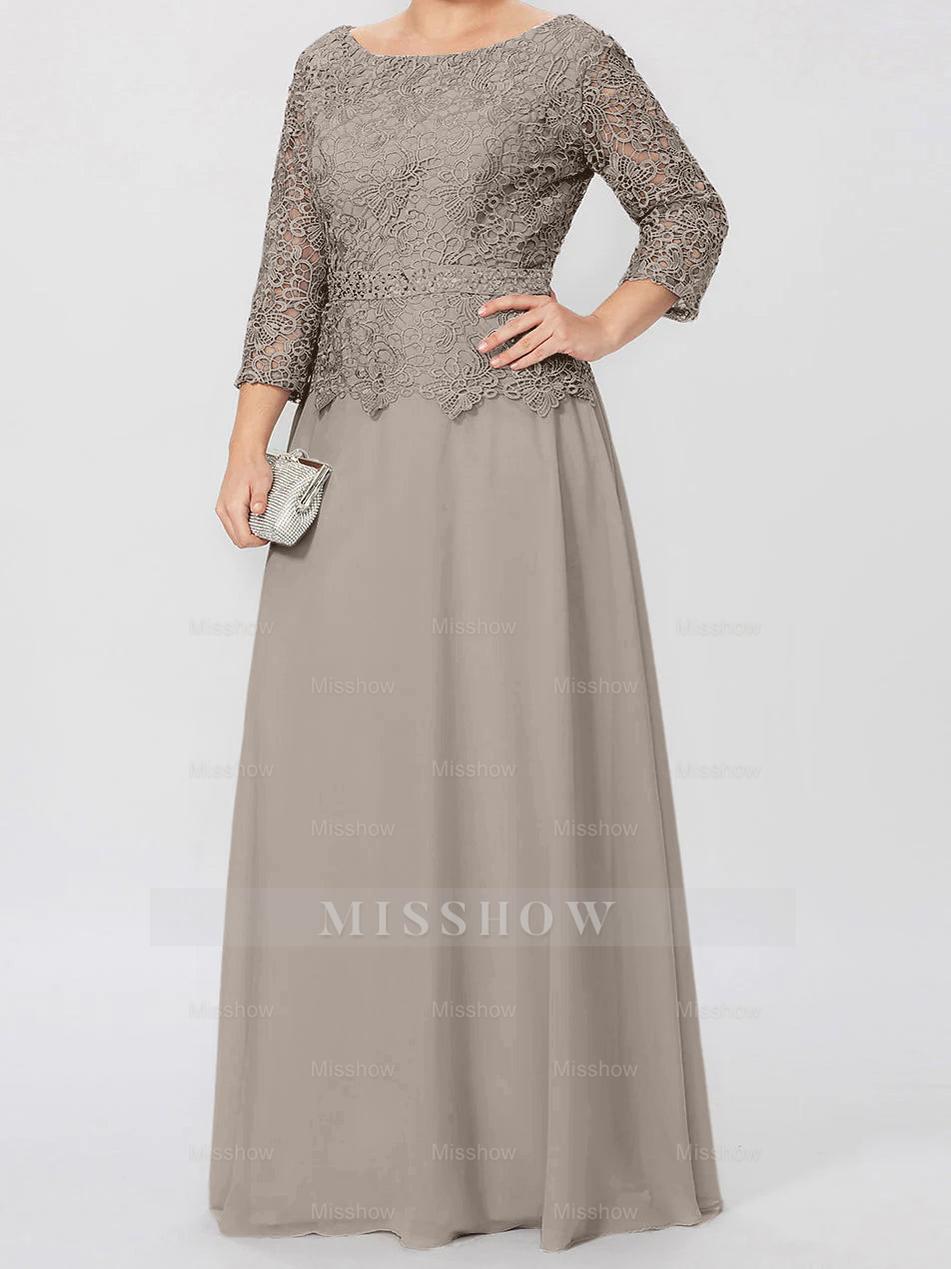 Floor-Length A-Line Princess Gown with Round Neck and 3/4 Sleeves Embellished with Applique & Sequins