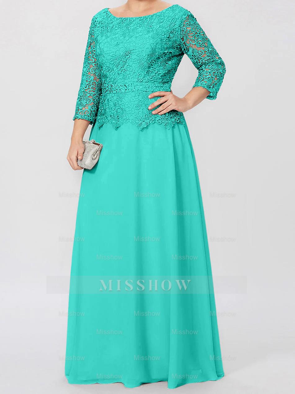 Floor-Length A-Line Princess Gown with Round Neck and 3/4 Sleeves Embellished with Applique & Sequins