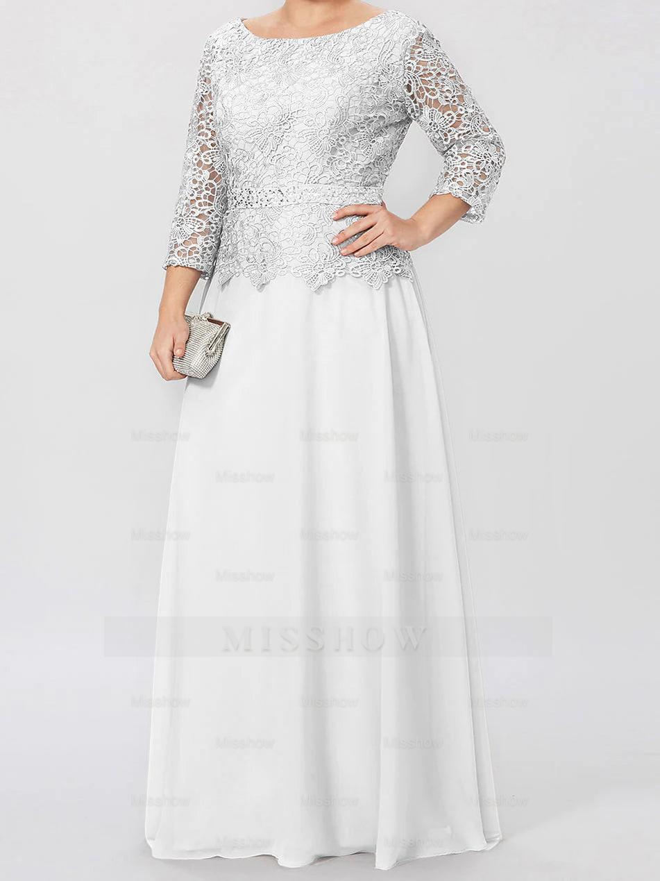 Floor-Length A-Line Princess Gown with Round Neck and 3/4 Sleeves Embellished with Applique & Sequins