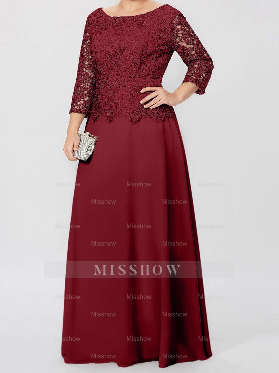 Floor-Length A-Line Princess Gown with Round Neck and 3/4 Sleeves Embellished with Applique & Sequins