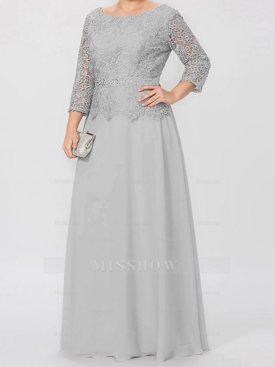 Floor-Length A-Line Princess Gown with Round Neck and 3/4 Sleeves Embellished with Applique & Sequins