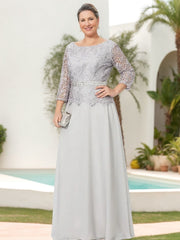 Floor-Length A-Line Princess Gown with Round Neck and 3/4 Sleeves Embellished with Applique & Sequins