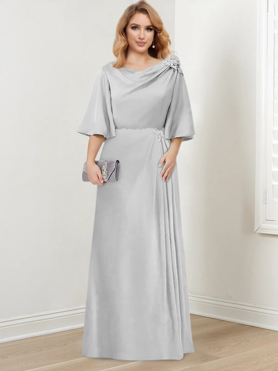 Floor-Length A-Line Princess Gown with Scoop Neck and 3/4 Ruffled Sleeves for the Mother of the Bride
