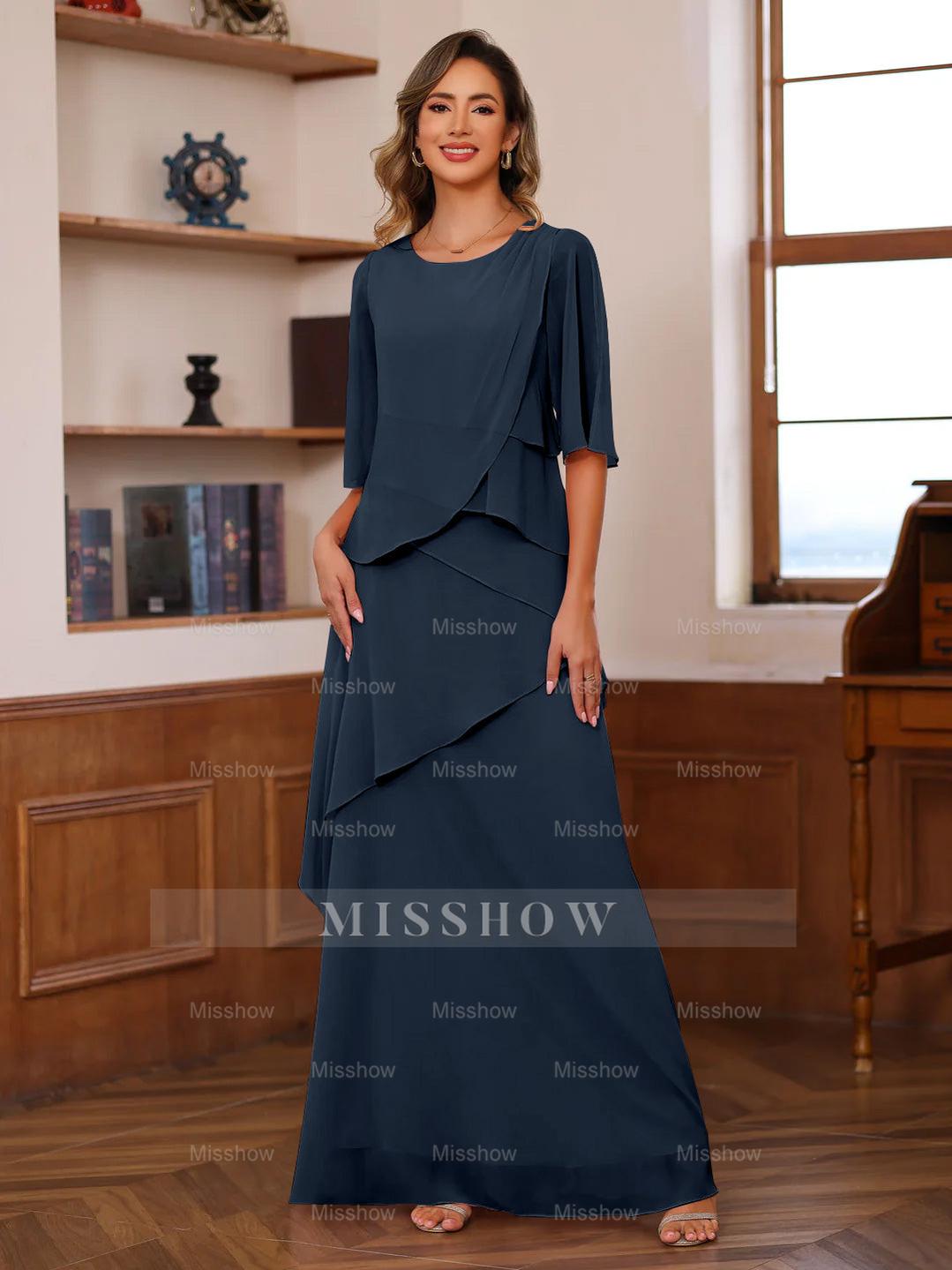 Floor-Length A-Line Princess Gown with Scoop Neck and Ruffled Half Sleeves