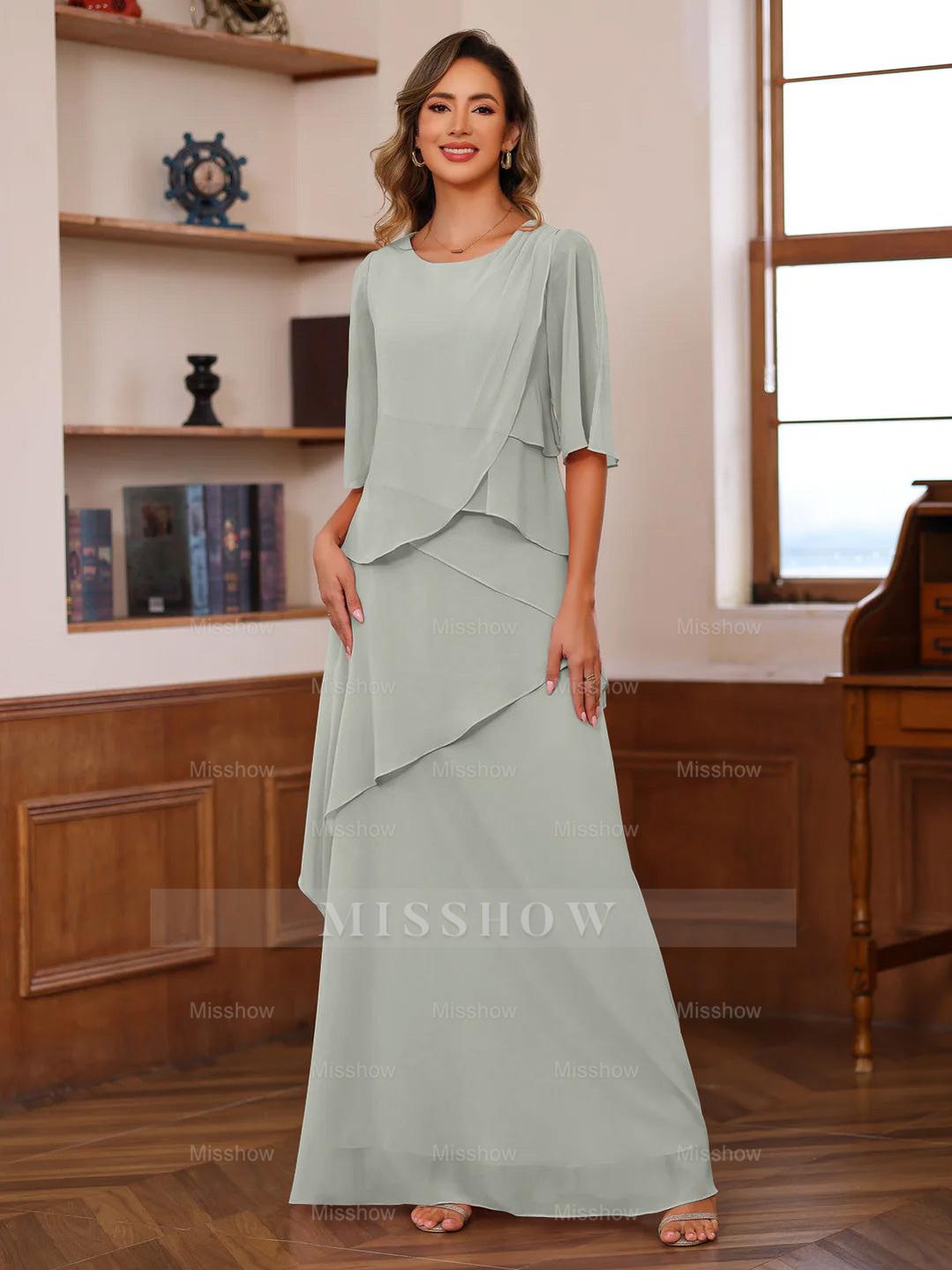Floor-Length A-Line Princess Gown with Scoop Neck and Ruffled Half Sleeves