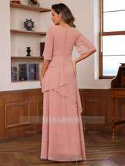 Floor-Length A-Line Princess Gown with Scoop Neck and Ruffled Half Sleeves
