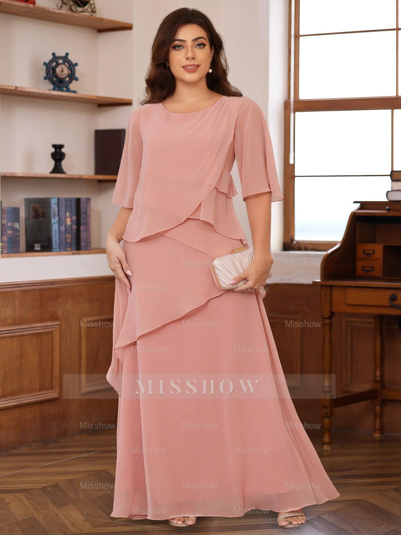 Floor-Length A-Line Princess Gown with Scoop Neck and Ruffled Half Sleeves