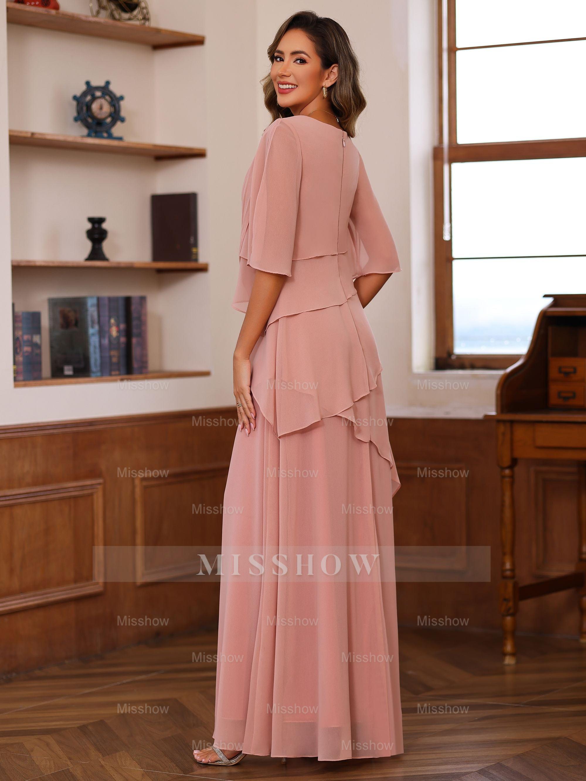Floor-Length A-Line Princess Gown with Scoop Neck and Ruffled Half Sleeves