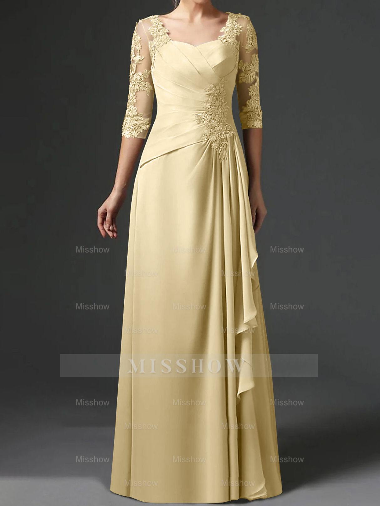 Floor-Length A-Line Princess Gown with Square Neck and Half Sleeves
