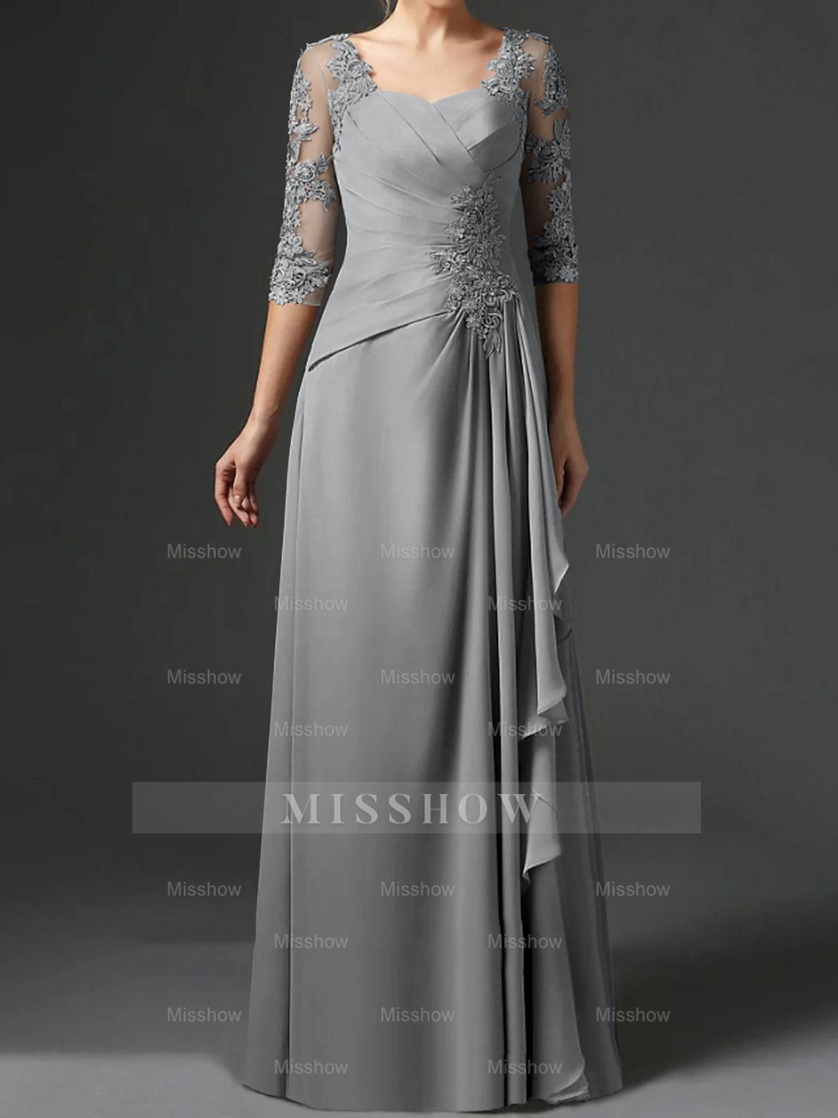 Floor-Length A-Line Princess Gown with Square Neck and Half Sleeves