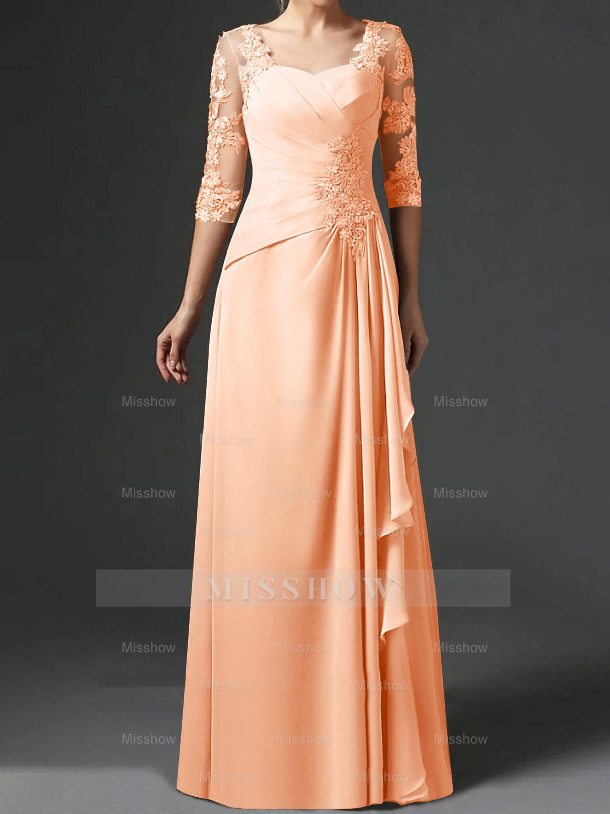 Floor-Length A-Line Princess Gown with Square Neck and Half Sleeves