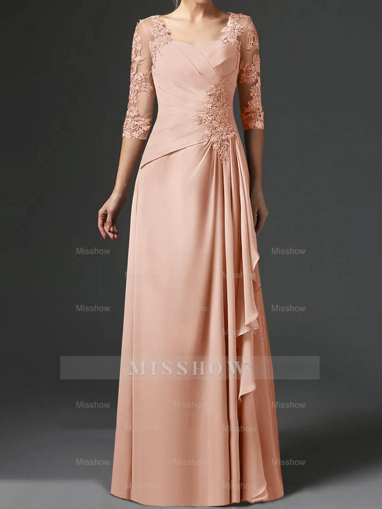 Floor-Length A-Line Princess Gown with Square Neck and Half Sleeves