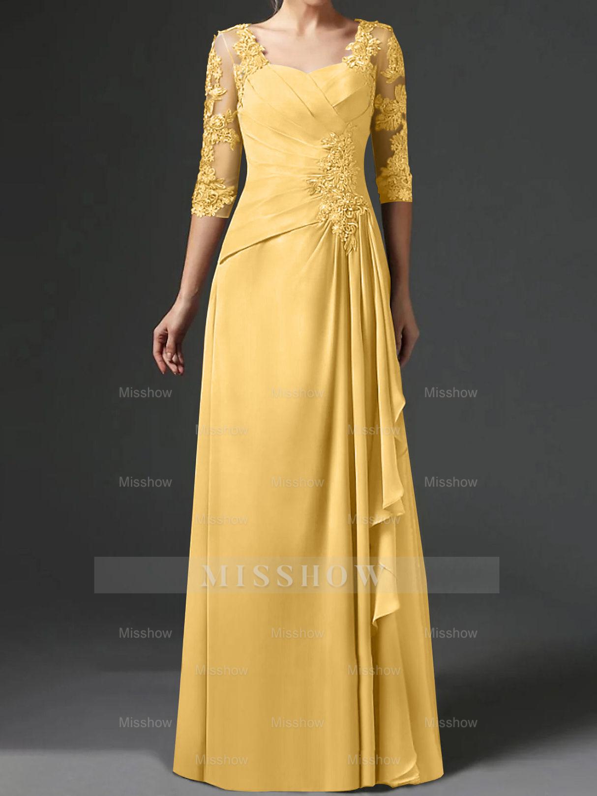 Floor-Length A-Line Princess Gown with Square Neck and Half Sleeves