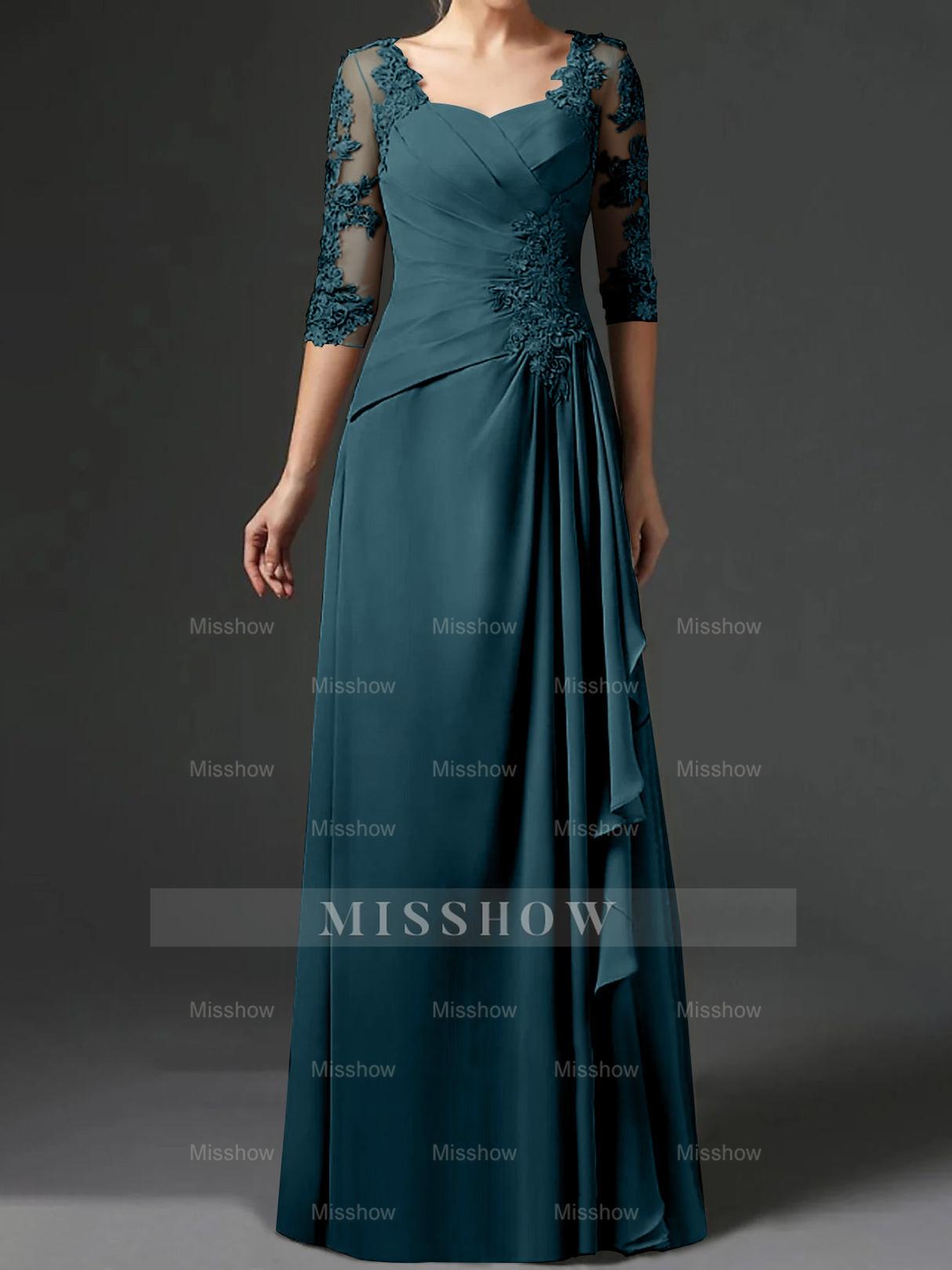 Floor-Length A-Line Princess Gown with Square Neck and Half Sleeves