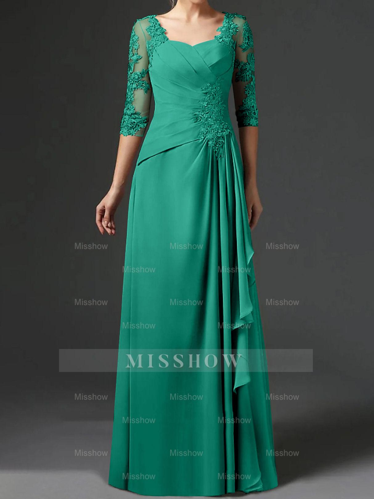 Floor-Length A-Line Princess Gown with Square Neck and Half Sleeves