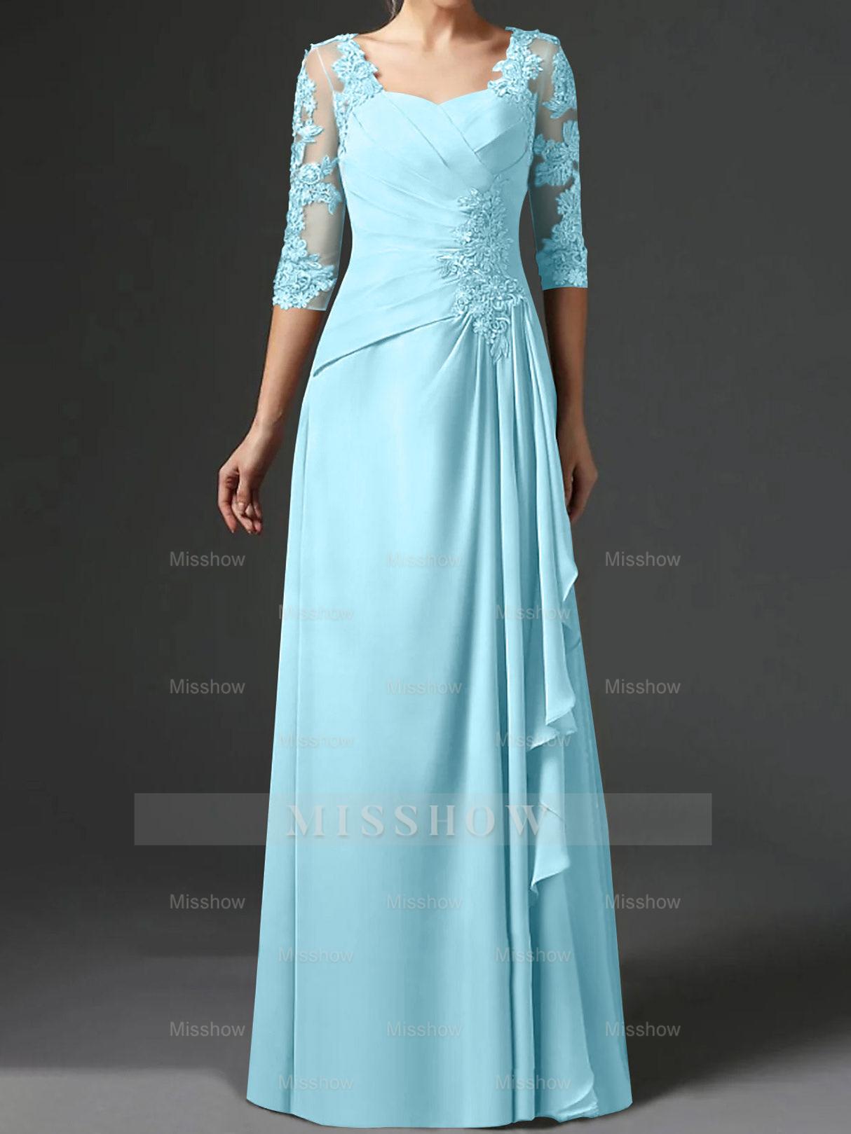 Floor-Length A-Line Princess Gown with Square Neck and Half Sleeves
