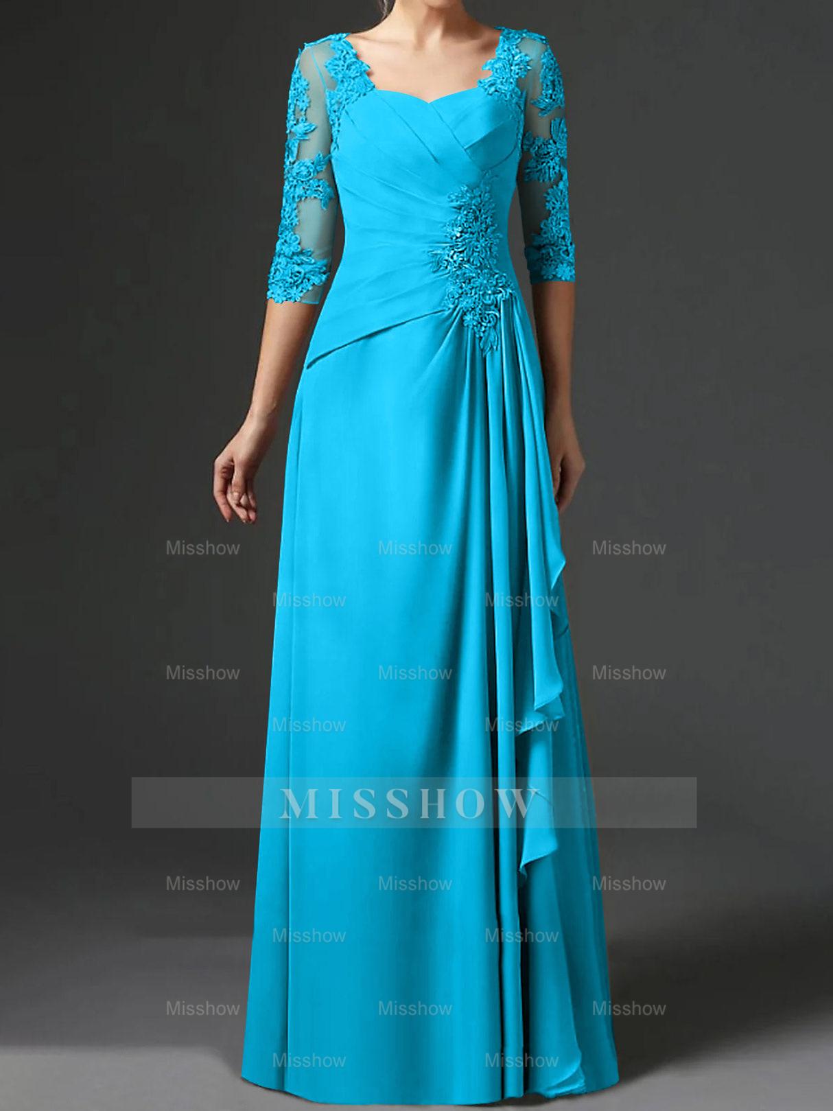 Floor-Length A-Line Princess Gown with Square Neck and Half Sleeves