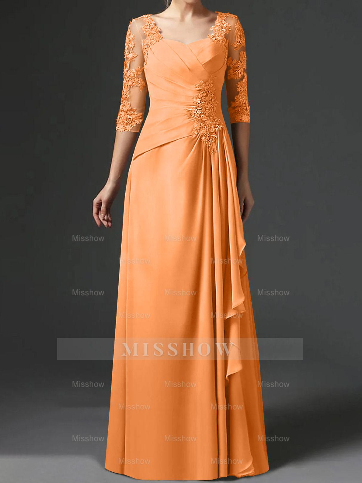 Floor-Length A-Line Princess Gown with Square Neck and Half Sleeves