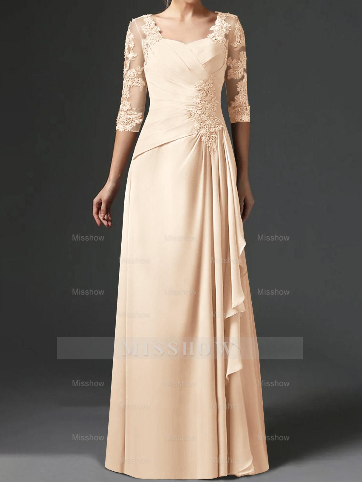 Floor-Length A-Line Princess Gown with Square Neck and Half Sleeves