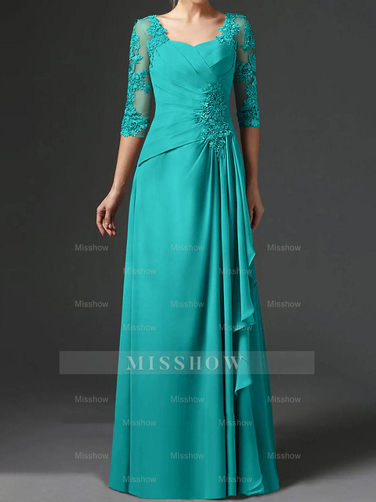Floor-Length A-Line Princess Gown with Square Neck and Half Sleeves