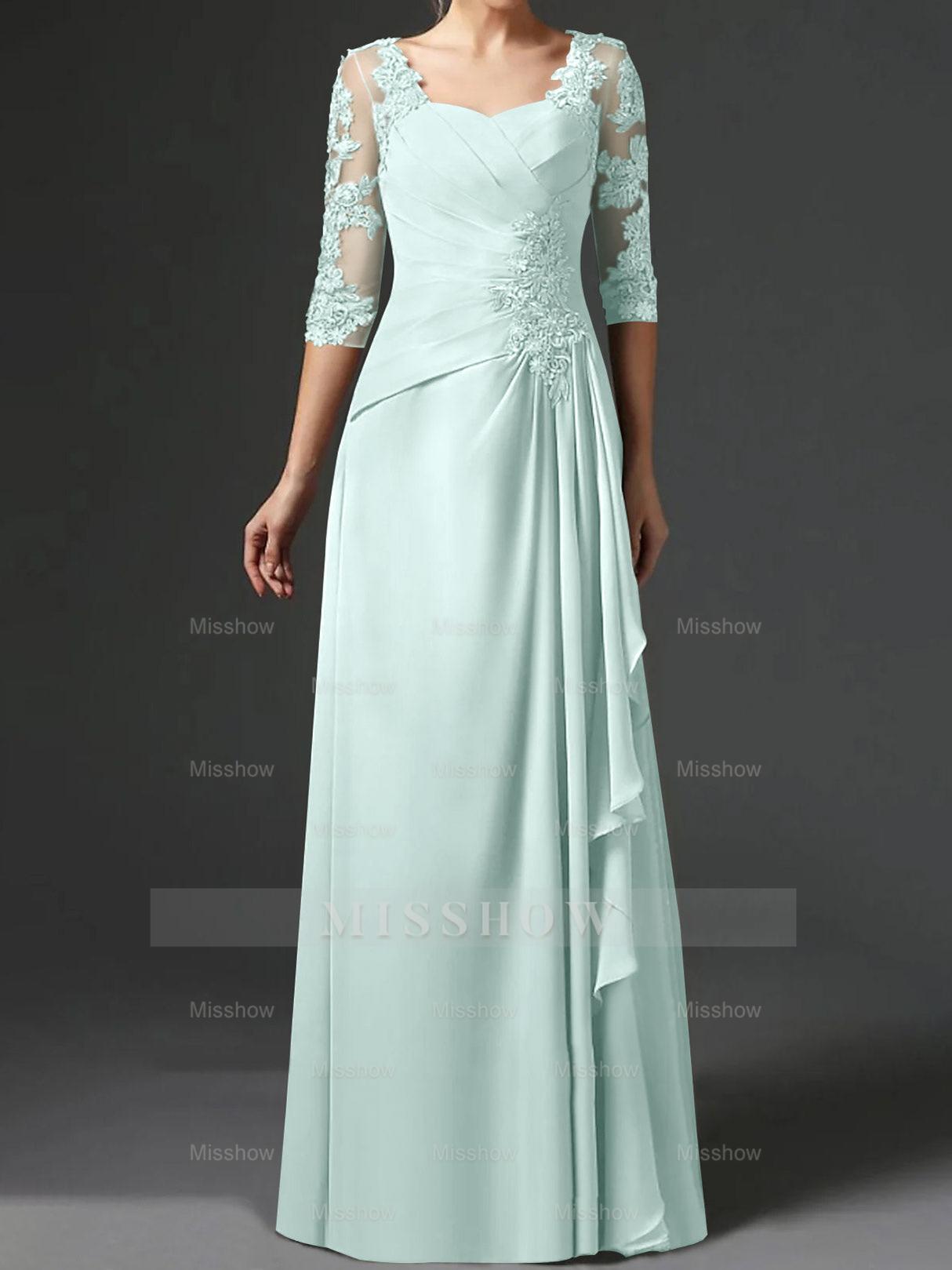 Floor-Length A-Line Princess Gown with Square Neck and Half Sleeves