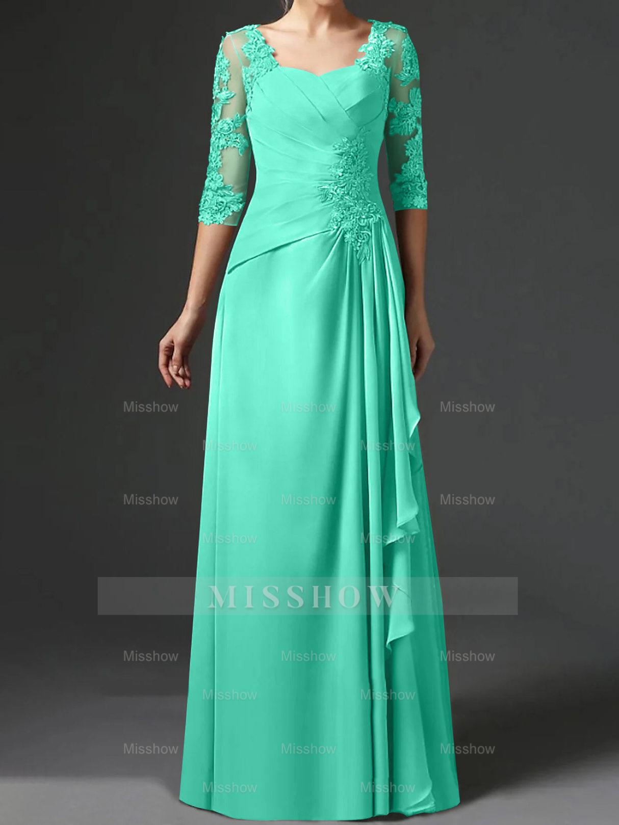 Floor-Length A-Line Princess Gown with Square Neck and Half Sleeves