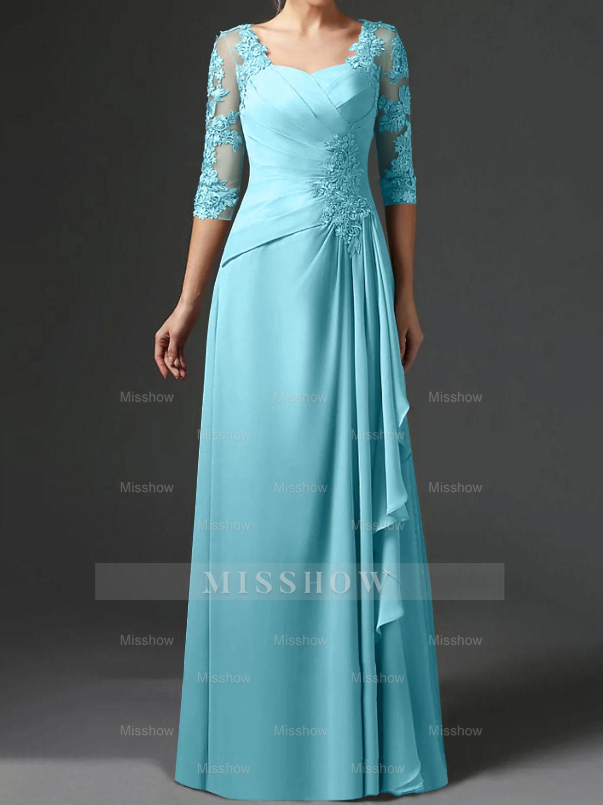 Floor-Length A-Line Princess Gown with Square Neck and Half Sleeves