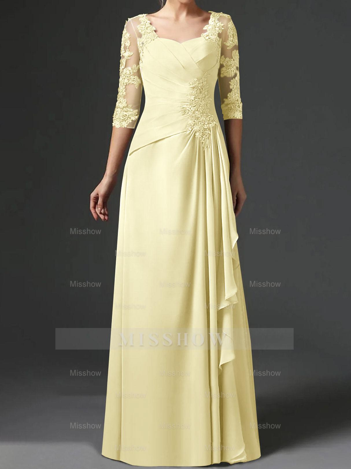 Floor-Length A-Line Princess Gown with Square Neck and Half Sleeves