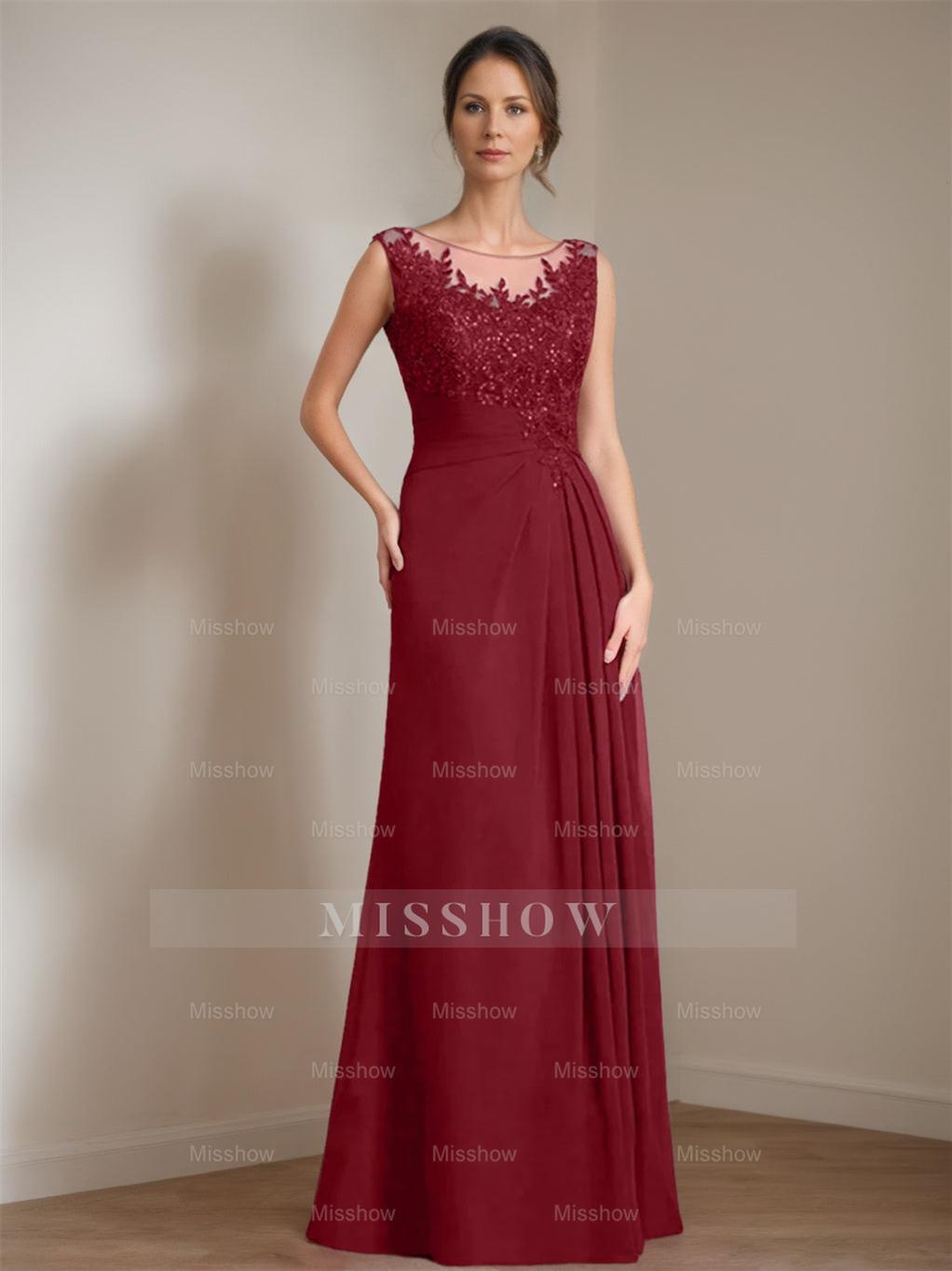 Floor-Length A-Line Princess Mother of the Bride Dress with Scoop Neck Pleats and Sequins